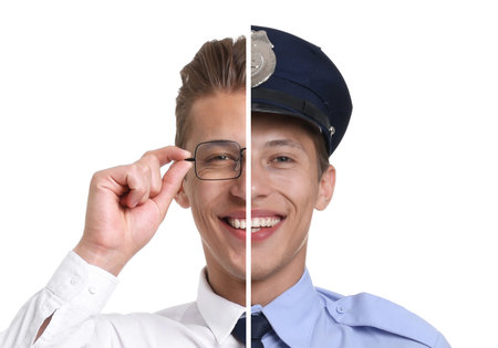 Choice of profession. Combined portrait of businessperson and policeman on white background, collage