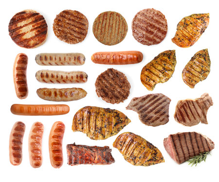Grilled meat and sausages isolated on white, setの写真素材
