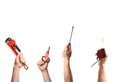 People holding different tools in tools against white background, closeup. Collageの写真素材