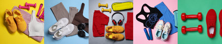Sports equipment and clothes on colorful background, set. Top viewの写真素材