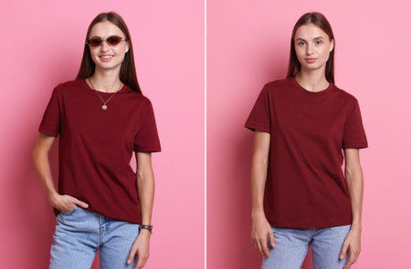 Young woman in dark red t-shirt on pink background, collage of portraitsの写真素材