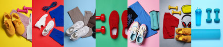 Sports equipment and clothes on colorful background, set. Top viewの写真素材