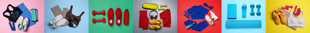 Sports equipment and clothes on colorful background, set. Top view