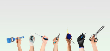 People holding different tools in hands against color gradient background, closeup. Collageの写真素材