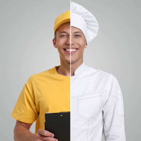 Choice of profession. Combined portrait of young man as chef and as delivery worker. Collage on gray backgroundの写真素材