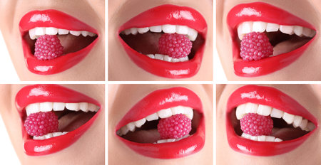 Woman holding candy in mouth, closeup. Female lips with red lipstick, collageの写真素材