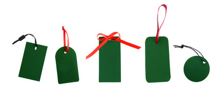 Green tags of different shapes isolated on white, set. Top viewの写真素材