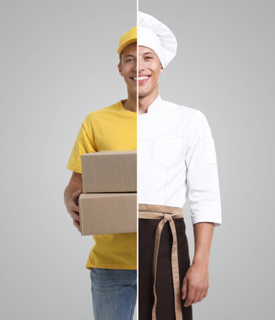 Choice of profession. Combined portrait of chef and delivery man on gray background, collageの写真素材