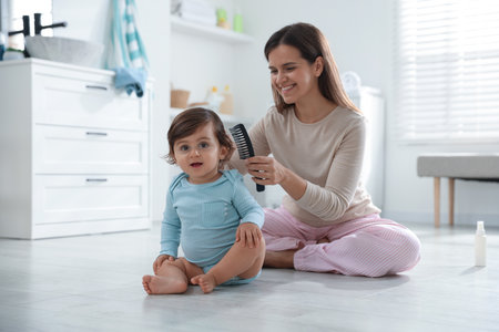 Mother combing her baby's hair on floor in bathroomの写真素材
