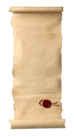Scroll of old parchment paper with wax seal isolated on whiteの写真素材