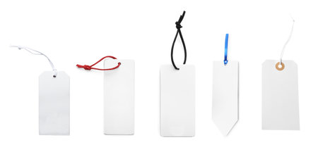 Tags of different shapes isolated on white, set. Top viewの写真素材