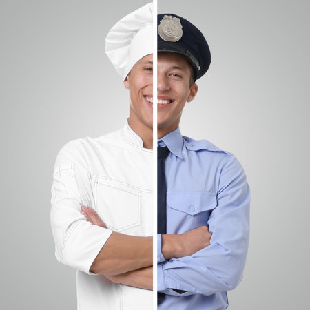 Choice of profession. Combined portrait of chef and policeman on gray background, collageの写真素材