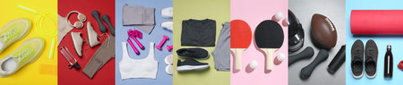 Sports equipment and clothes on colorful background, set. Top view