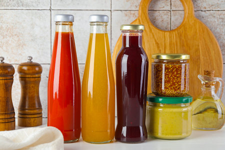 Different tasty sauces on white wooden tableの写真素材