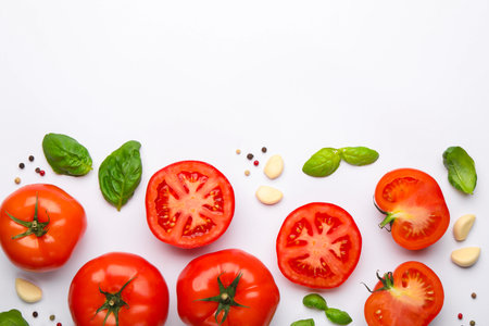 Ripe red tomatoes, peppercorns, garlic and basil on white background, flat lay. Space for textの写真素材