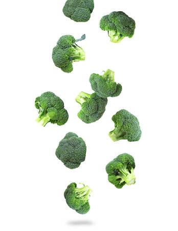 Fresh green broccoli falling on white backgroundの写真素材