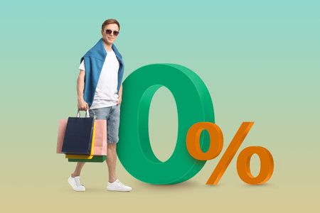 Happy man with shopping bags on color gradient background. Sign near him