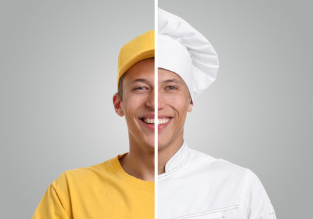Choice of profession. Combined portrait of young man as chef and as delivery worker. Collage on gray backgroundの写真素材