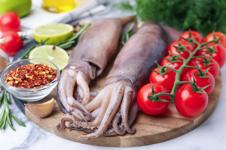 Fresh raw squids, tomatoes, lime slices and spices on white marble table, closeupの写真素材