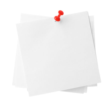 Blank paper notes with pin isolated on whiteの写真素材