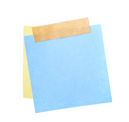 Blank paper notes with adhesive tape isolated on whiteの写真素材