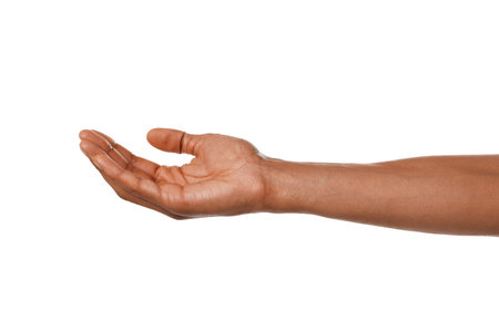 African-American man holding something on white background, closeup