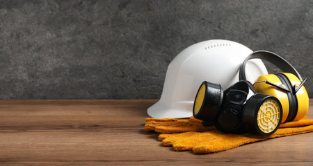 Different safety equipment on wooden table. Space for textの写真素材