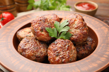 Delicious meat patties with parsley and sauce on table, closeup