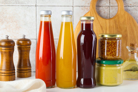 Different sauces on white wooden table
