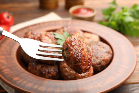 Taking roasted meat patty with fork at wooden table, closeup