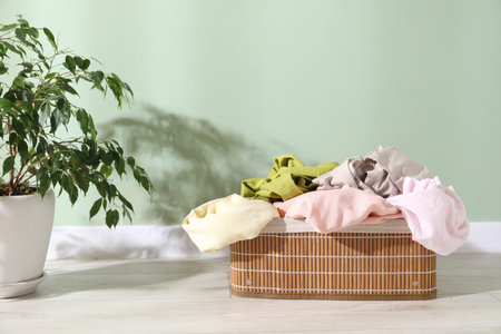 Laundry basket full of clothes and houseplant on floor indoors