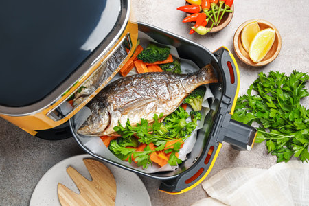 Air fryer with grilled fish, vegetables and spices on gray table, flat lay