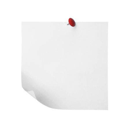 Blank paper note with pin isolated on whiteの写真素材