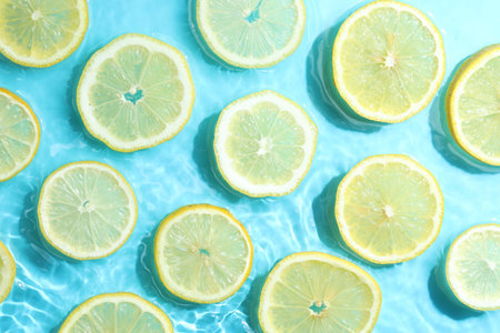 Slices of lemon in water on light blue background, flat layの写真素材