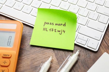 Sticky note with password, keyboard and stationery on wooden desk, closeupの写真素材