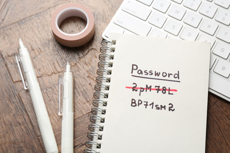Notebook with old and new passwords, keyboard and stationery on wooden deskの写真素材