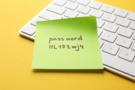 Sticky note with password and keyboard on yellow background, closeupの写真素材