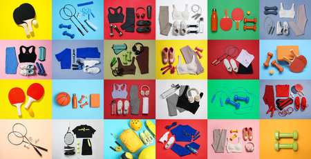 Sports equipment and clothes on colorful background, set. Top viewの写真素材