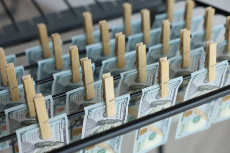 Money laundering. Banknotes hanging on drying rack indoors, closeup