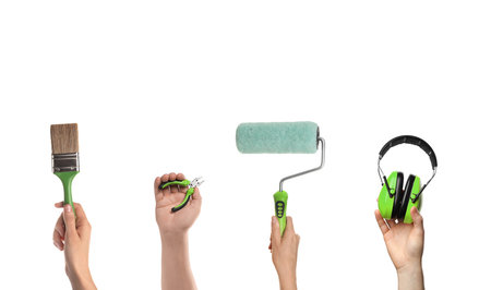 People holding different tools in tools against white background, closeup. Collageの写真素材