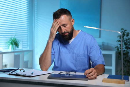 Tired doctor at table in clinic during night shiftの写真素材