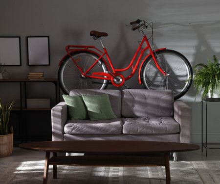 Red bicycle, sofa and houseplants in roomの写真素材
