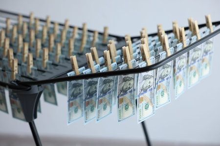 Banknotes hanging on drying rack indoors, closeup