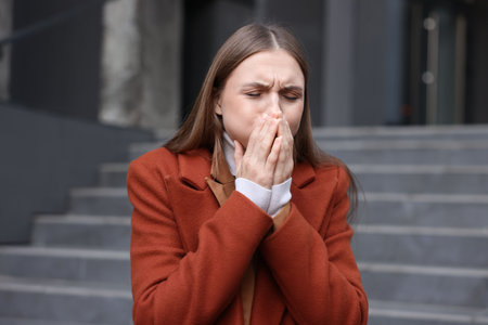 Young woman suffering from nausea on city streetの写真素材