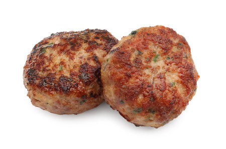 Delicious roasted meat patties isolated on whiteの写真素材