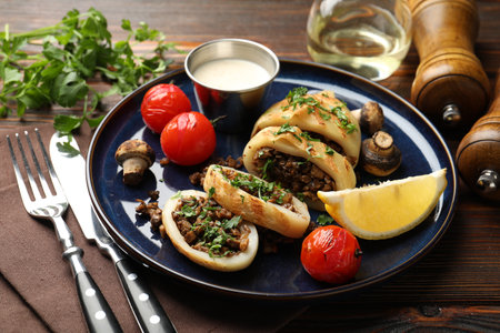 Pieces of tasty grilled squid stuffed with mushrooms, parsley, tomatoes, lemon and sauce on wooden table, closeupの写真素材