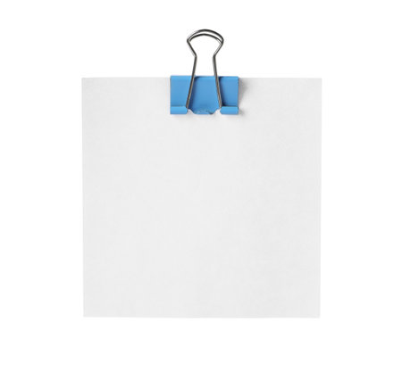 Blank paper note with binder clip isolated on whiteの写真素材