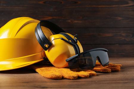 Different safety equipment on wooden table, closeupの写真素材