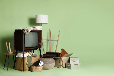 Garage sale. Different used stuff on green background, space for textの写真素材