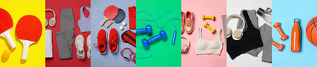 Sports equipment and clothes on colorful background, set. Top viewの写真素材
